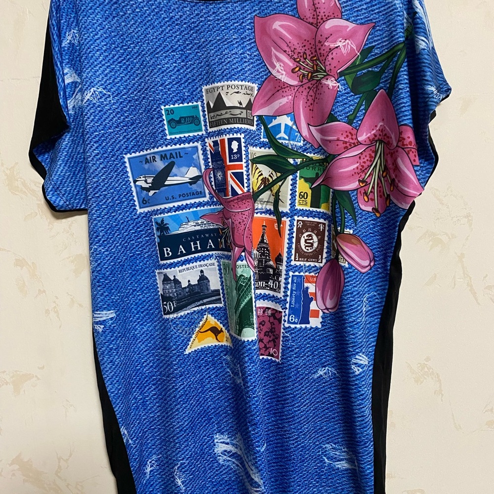 Floral Stamp Print Women's Blouse - Blue